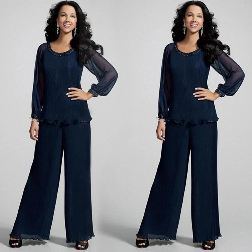 

Custom Plus Size Mother Of the Bride Dress Pant Suits O-Neck Long Sleeve Crystal Sequins Chiffon