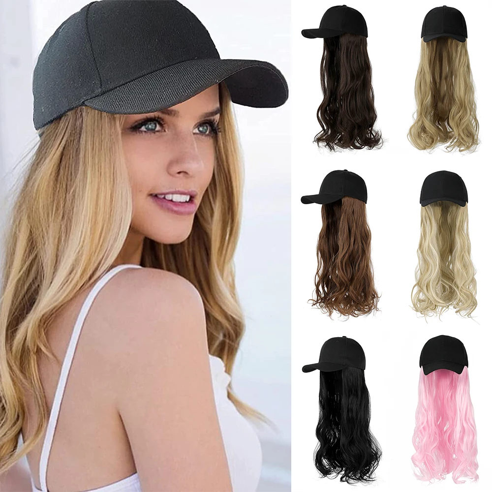 SHANGZI Long Wavy Synthetic Baseball white Cap whit Hair Wig Natural wigs Removable Naturally Synthetic Hat Wig For Girl