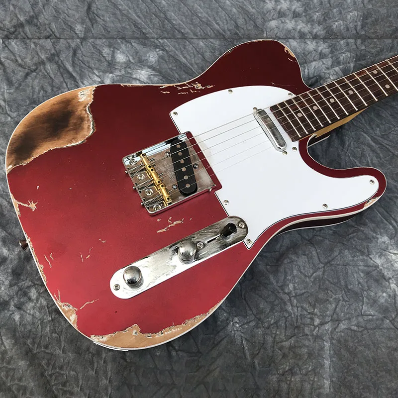 

Китайская электрическая гитара Alder Body Maple Neck ручной работы, тяжелая реликтовая металлическая красная цветная