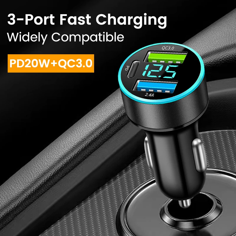 

3 Ports Car Charger PD20w+QC3.0 Digital Display USB Type-C Fast Charging For Xiaomi Samsung Huawei iPhone POCO Charge Accessory