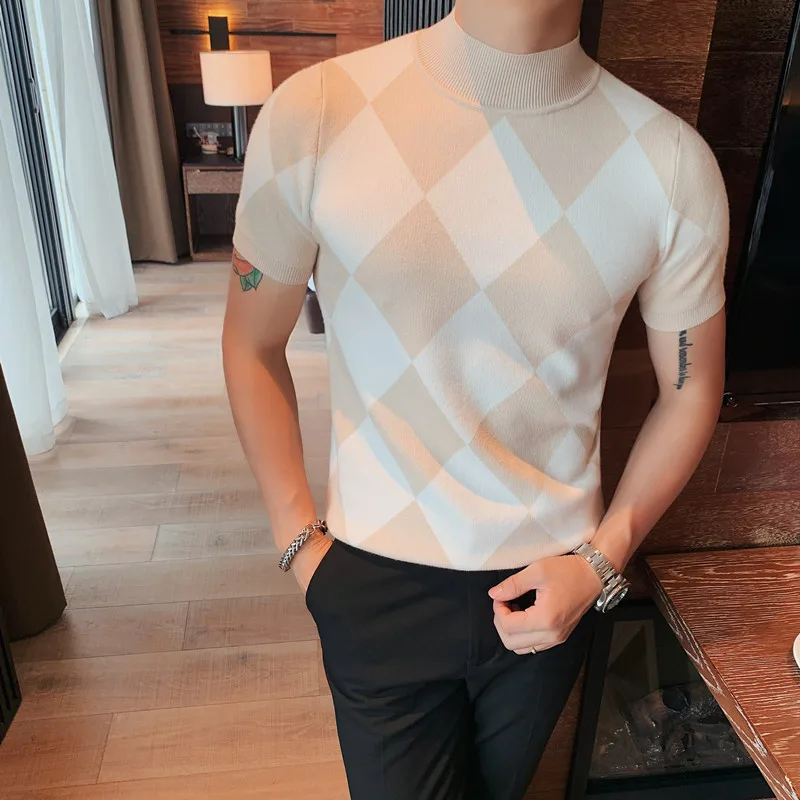 New Fashion Men Short Sleeve Sweater Autumn Winter Fashion Diamond lattice Turtleneck Sweater Men All-match Knitted Pullover