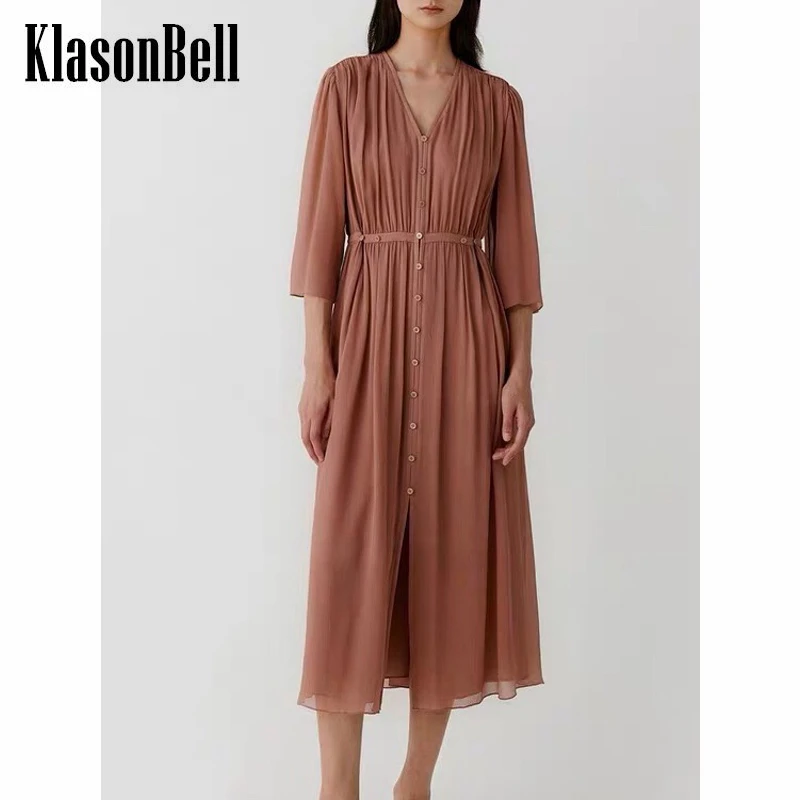 

6.19 KlasonBell Temperament Casual V-Neck Single Breasted Silk Collect Waist Split Dress Women
