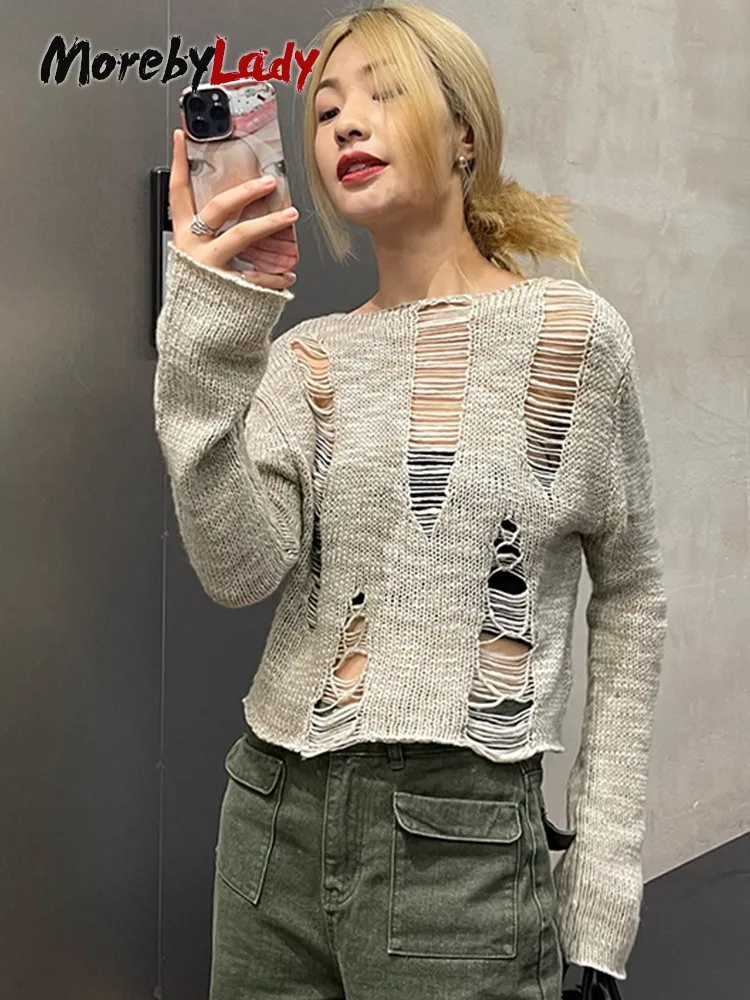 

Вязаные Пуловеры с вырезами Morebylady, свитер с длинным рукавом и вырезами, Женские винтажные Джемперы Y2k, корейский стиль, осенний свитер
