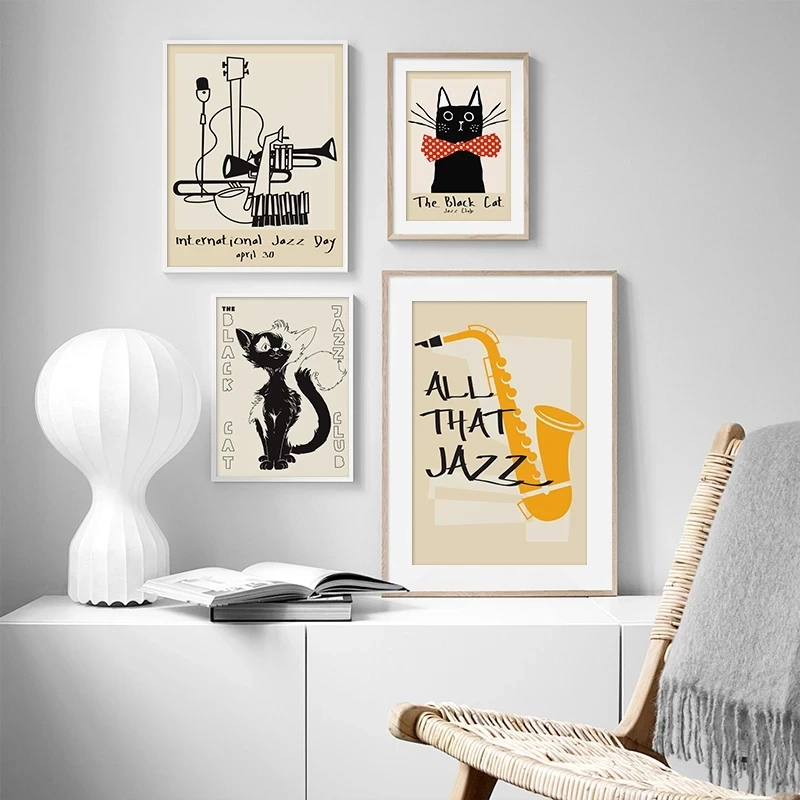 

Black Cat Jazz Club Vintage Poster HD Print Nursery Wall Art Canvas Painting Decorative Picture Retro Home Decor for Living Room