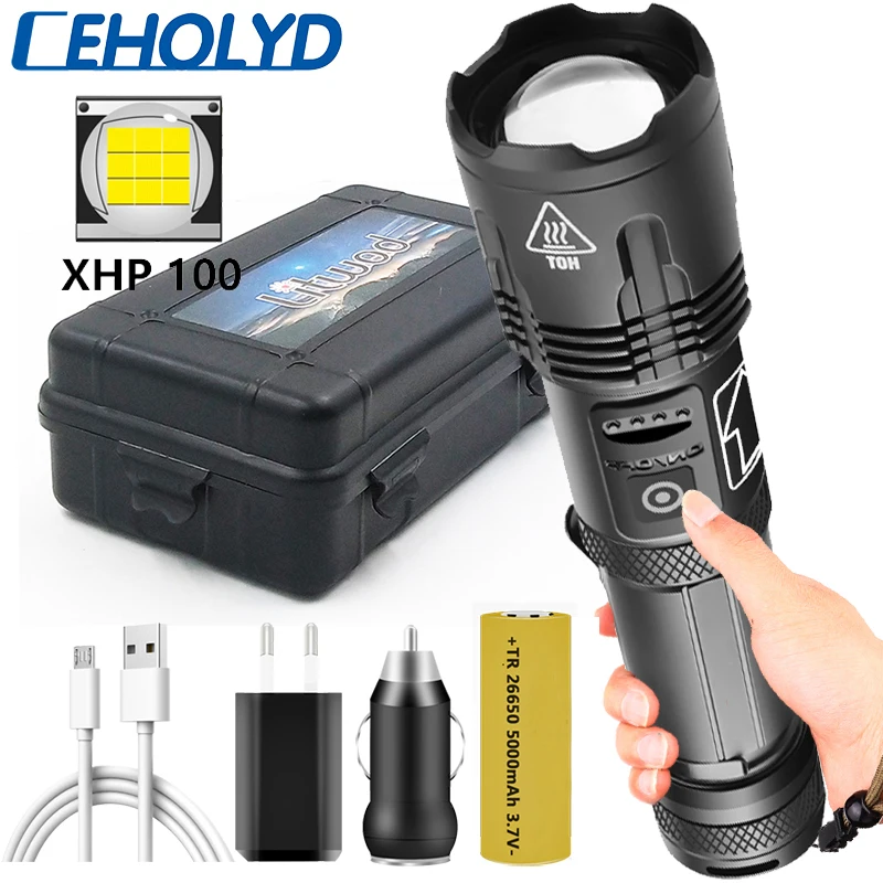 1000000LM XHP100 Led Flashlight Power Bank Function Torch 18650 or 26650 Rechargeable Battery Zoomable Aluminum Alloy Lantern