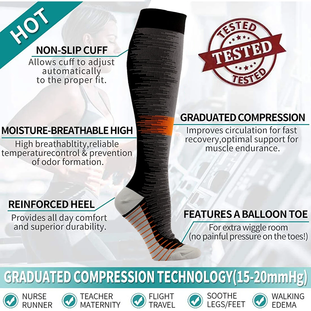 Men Women Compression Stockings Hiking Running Socks 15-20MmHg Flight Pregnancy Swollen Varicose Veins Marathon Sports Socks Men