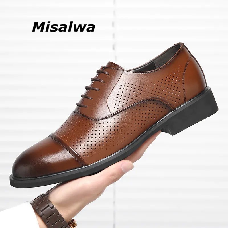 

Misalwa Plus Size 5cm Elevator Men Business Shoes Hollow Summer Triple Joint Leather Men Formal Suit Shoes Dropshipping