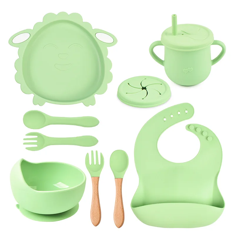 

9pcs/Set Sheep Baby Silicone Children's Tableware Waterproof Bib Baby Dishes Plate Suction Bowl Newborn Sippy Cup And Spoon