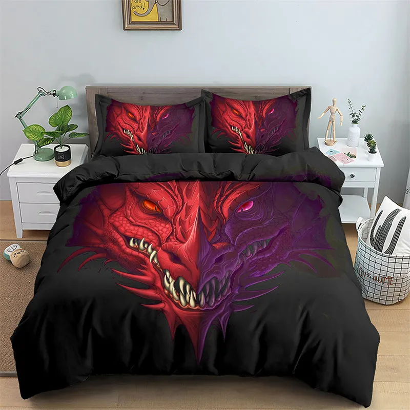 

3D Cool Head of Dragon Duvet Cover Microfiber Mythical Monster Bedding Set Ancient Wild Animal Comforter Cover Twin For Boy Teen