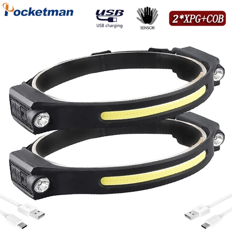 

Powerful Motion Sensor Headlamp 2XPG+COB LED Head Lamp with Built-in Battery USB Rechargeable Head Torch Lanterna COB Work Light