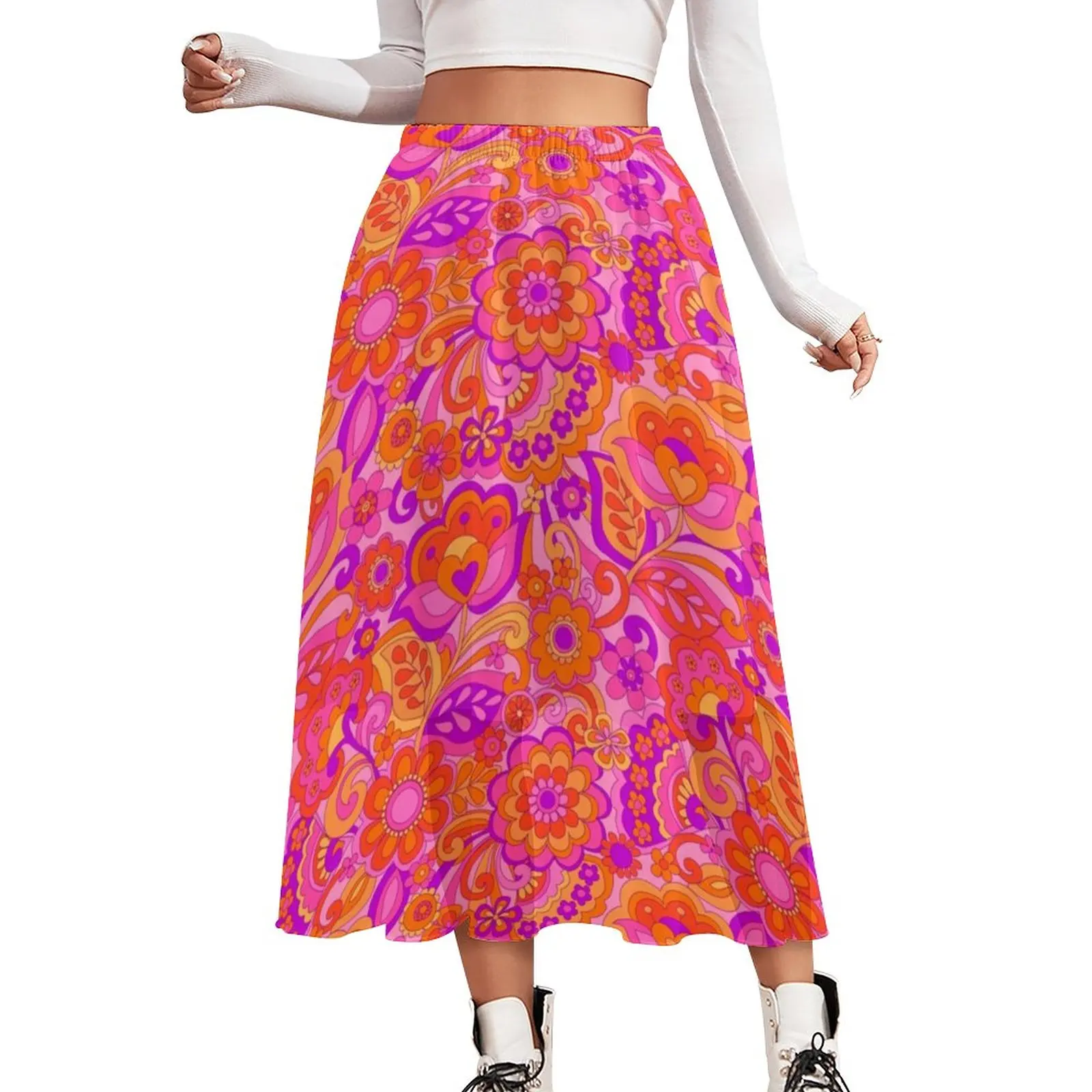 

Pink Flower Power Skirt 60s Inspired Happy Beach Long Skirts Spring Streetwear A-line Skirt Women Chiffon Print Oversize Clothes