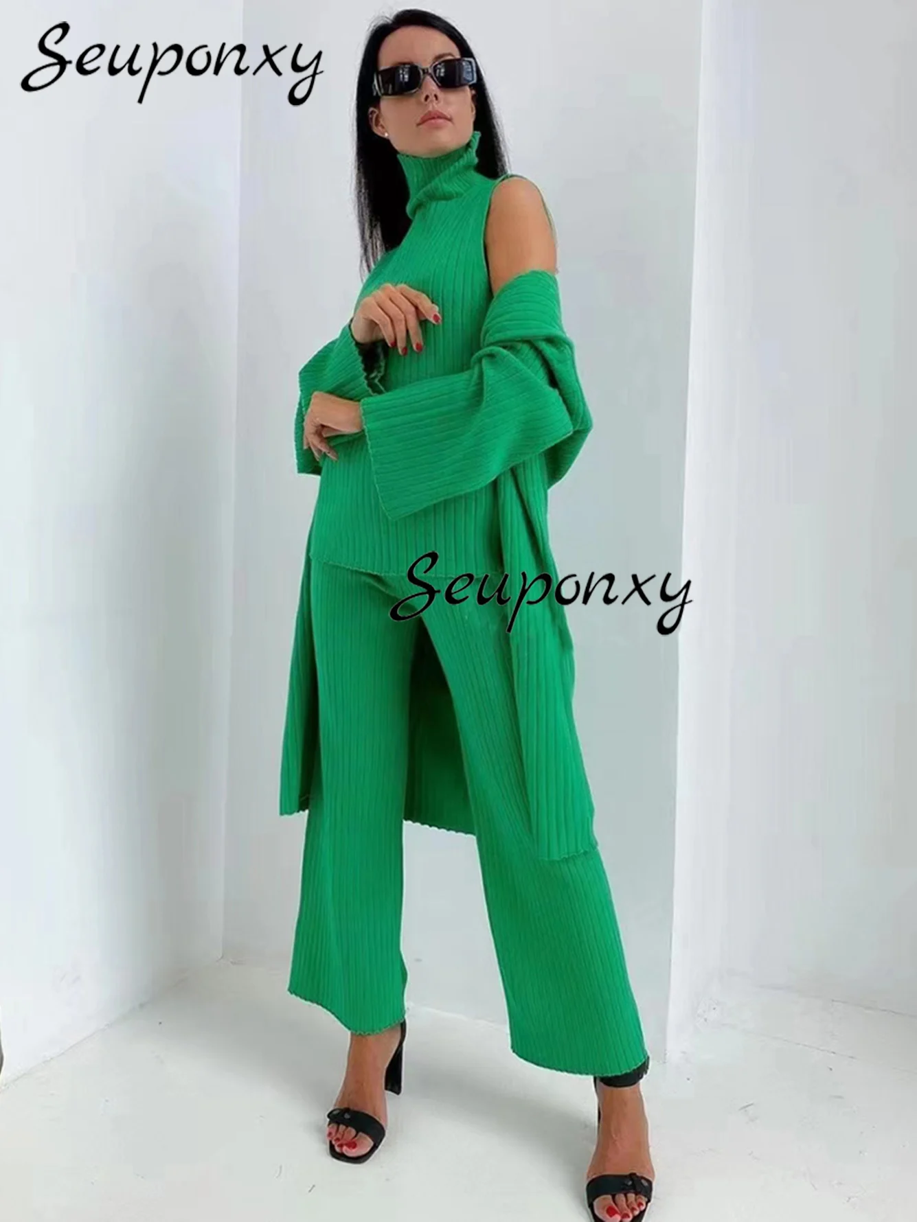 Женский трикотажный Комплект из 3-х предметов длинный кардиган пуловер без