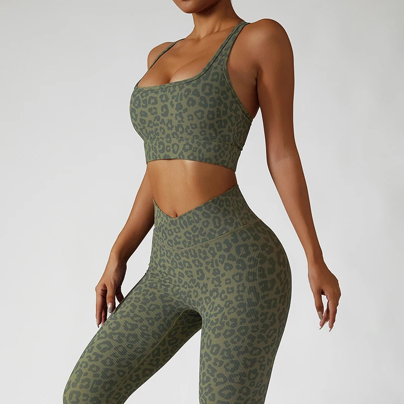 

ASHEYWR New Sexy Leopard Women Sets Push Up Shockproof Bras Fitness Suit High Waist Workout Leggings Two Piece Sets Female