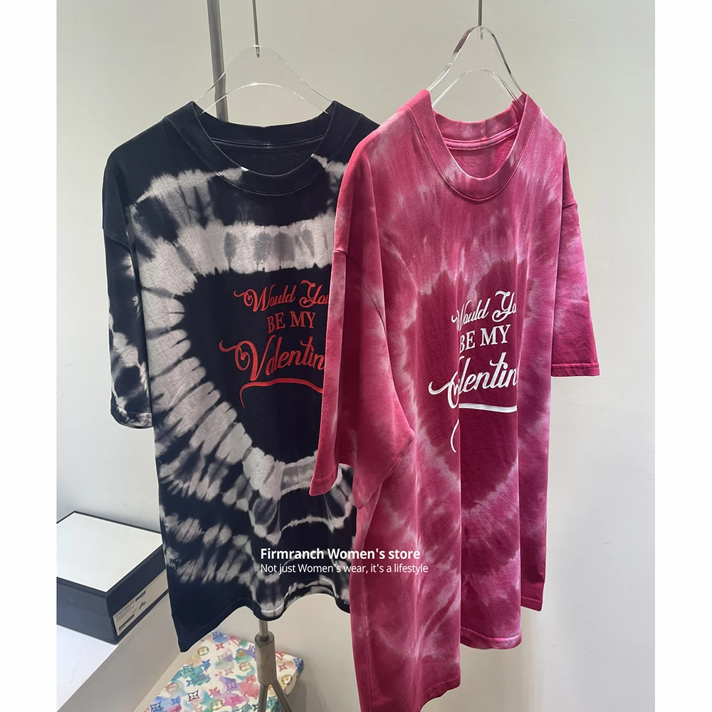 

Firmranch Valentine Short-sleeved T-shirt Heart Shape Tie-dye Tees Women 2023 Clothes Summer Round Neck Loose Top High Quality