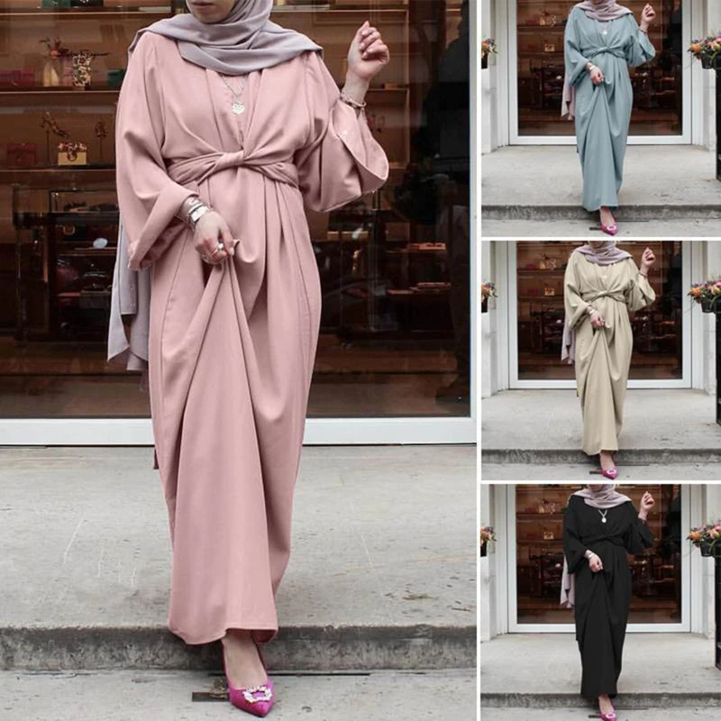 "Мусульманский модный хиджаб длинные платья для женщин с поясом однотонная мусульманская одежда Abaya африканские платья для женщин мусульма..."