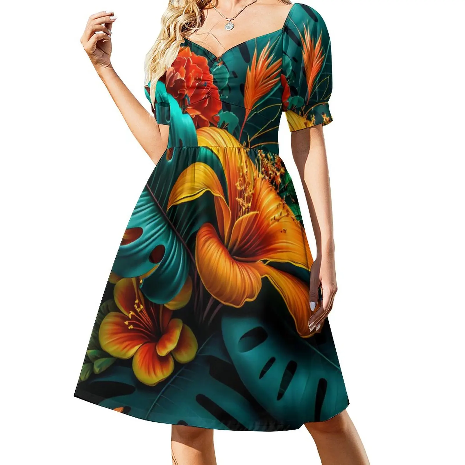 

Elegant Tropical Dress Leaves and Flowers Vintage Dresses Female Short Sleeve Fashion Casual Dress V Neck Oversized Vestidos
