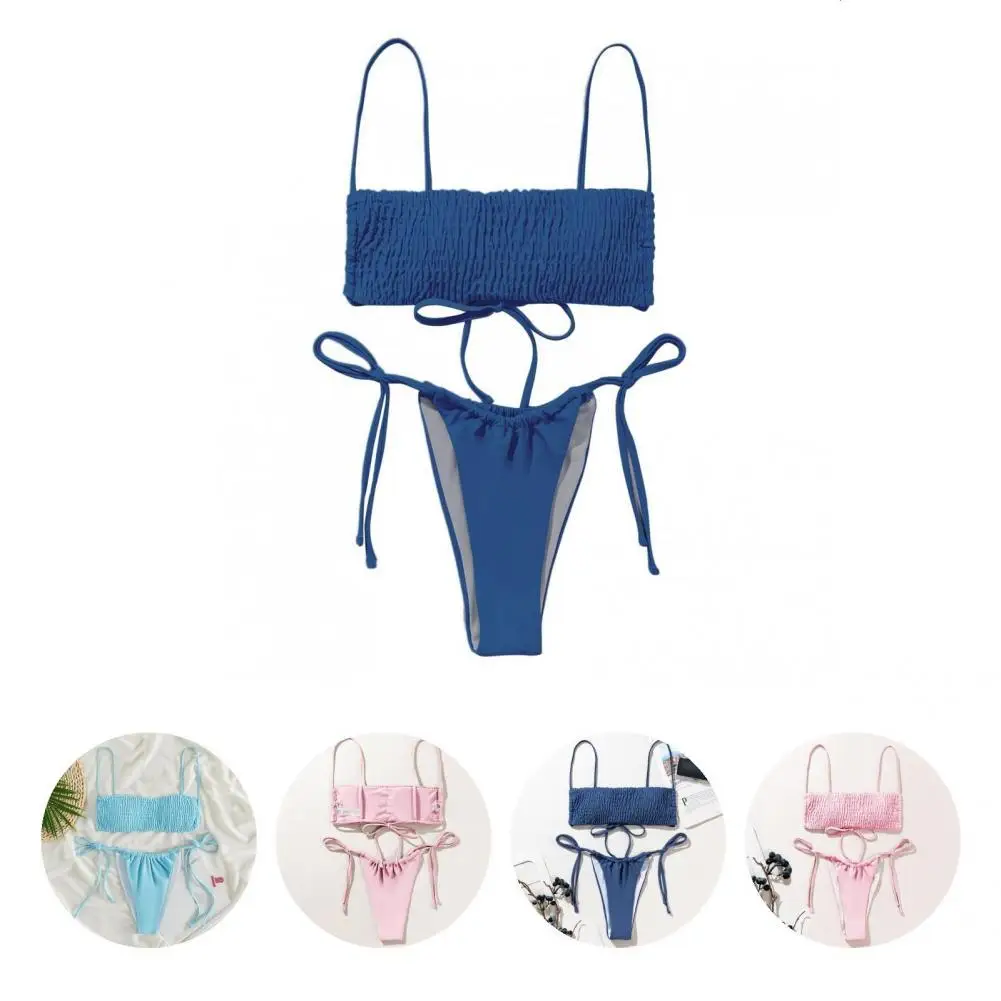

Lace Up 2 Pcs/Set Chic Pleated Lady Bikini Beachwear Women Swimwear Stretchy for Swimming