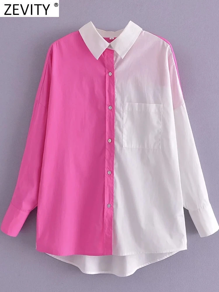 

Zevity Women Fashion Color Matching Patchwork Casual Blouse Ladies Pocket Business Shirt Chic Chemise Blusas Tops LS10087