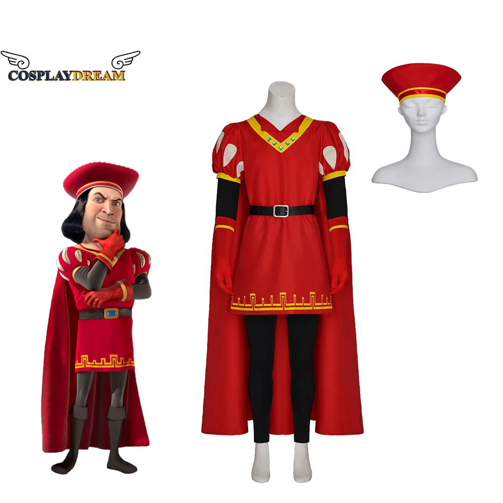 Cosplaydream Shrek Lord Farquaad Cosplay Costume Green Monster Farquaad Suit Halloween Fancy Red Outfit Cloak for Men Adult