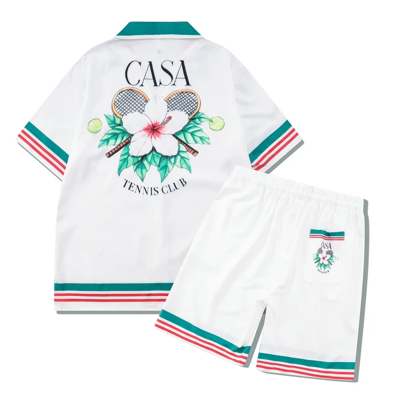 

2023 Casablanca Tennis Flowers Stripes Men Women Short Set T Shrt Hawaii Beach Style Suit Hip Hop Shirt Shorts Couple Suit Casa