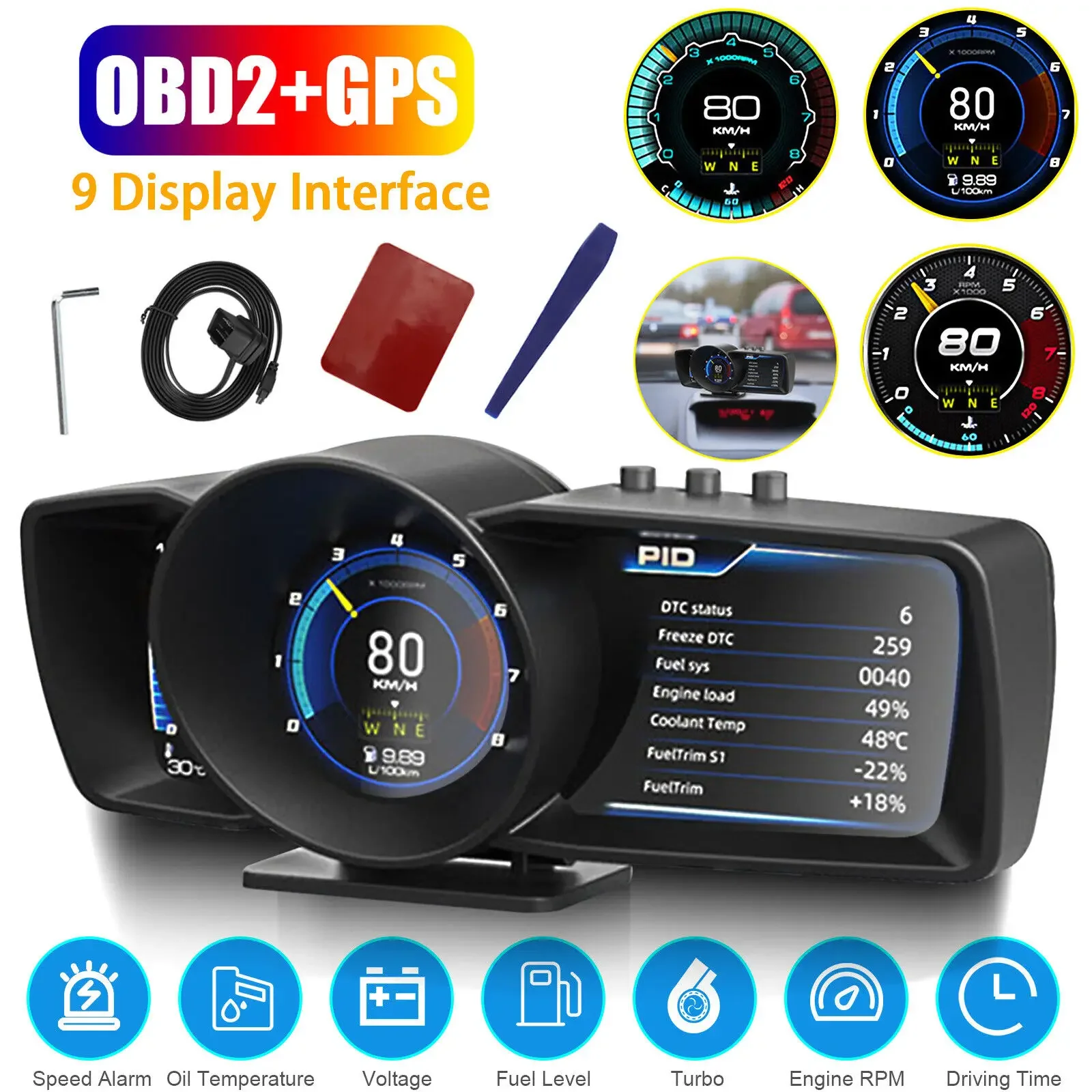 

Автомобильный проекционный дисплей с двойным экраном OBD2, GPS, автоматический дисплей, умный автомобильный HUD, приборная панель, компьютерный датчик, спидометр, температура воды и масла. об/мин