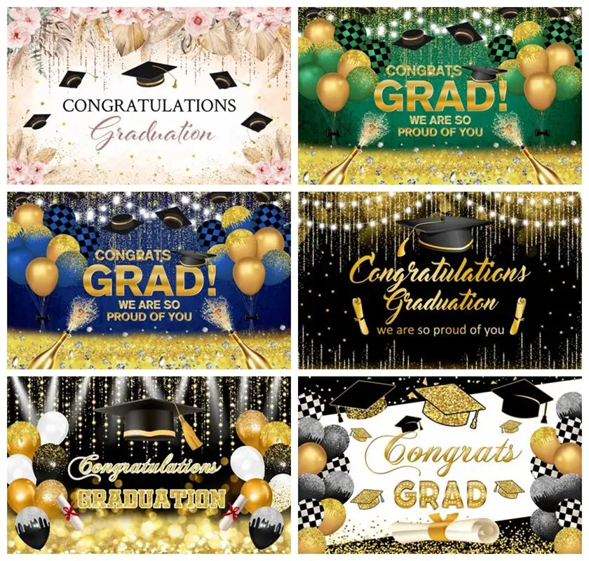 

Laeacco Congrats Grad Backdrop Black Gold Bachelor Cap Balloons Champagne Graduation Prom Party Portrait Photography Background