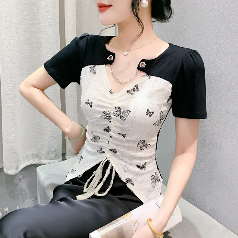 # 7195 Необычная футболка женская короткая с принтом бабочки сексуальная вечерняя