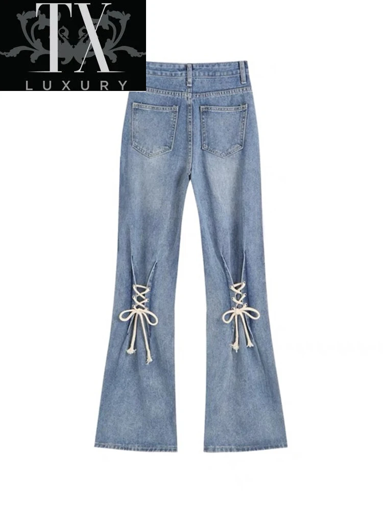 

Fashion High Waist Jeans Women Spring Lace Up Wide Leg Denim Pants Female Harajuku Y2K Streetwear Straight All-Match Trousers