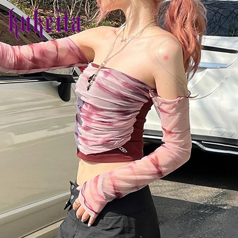 

Sweet Vintage Tie Dye Print Mesh Crop Top Women Long Sleeve Off Shoulder T Shirt Y2K Harajuku Tee Female Streetwear Fairy Grunge