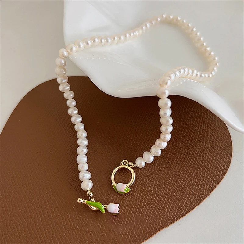 

Elegant Vintage Flower Tulip Imitation Pearl Choker Necklace For Women Wedding Jewelry Pendant Chain Party Neck Accessories Gift