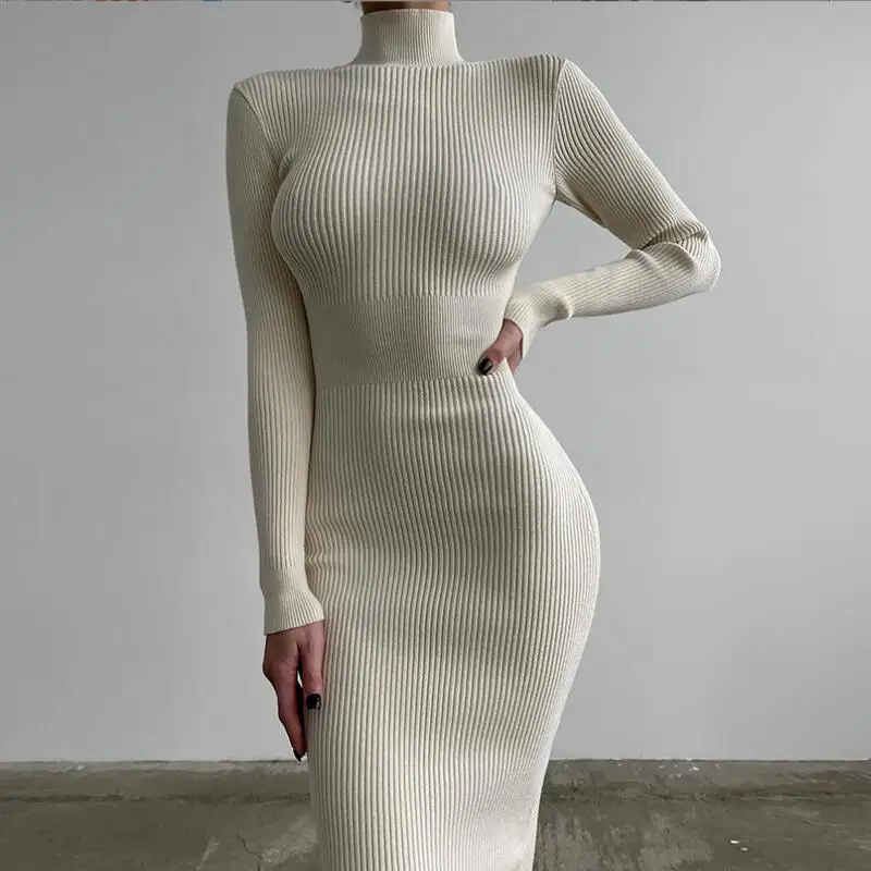 

Women Turtleneck Knitted Dresses Elegant Bodycon Long Sleeve Sweater Dress 2022 Autumn Winter Office Sexy Chic Dresses w2597