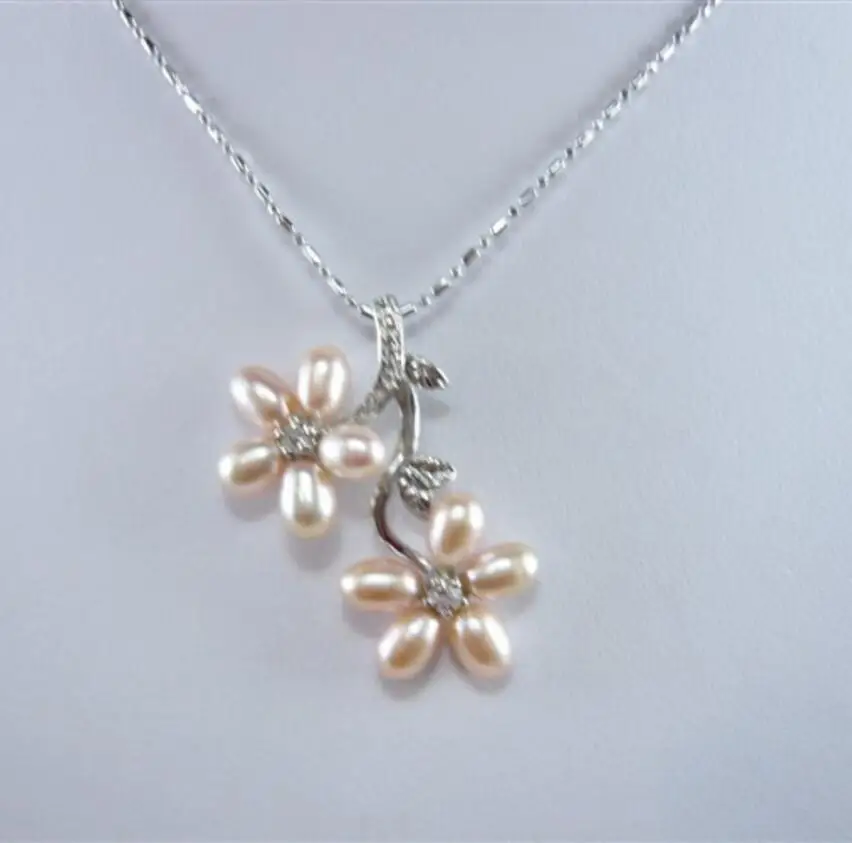 

wonderful cultured pink pearl bead WOMEN'SCZ flower pendant free chain