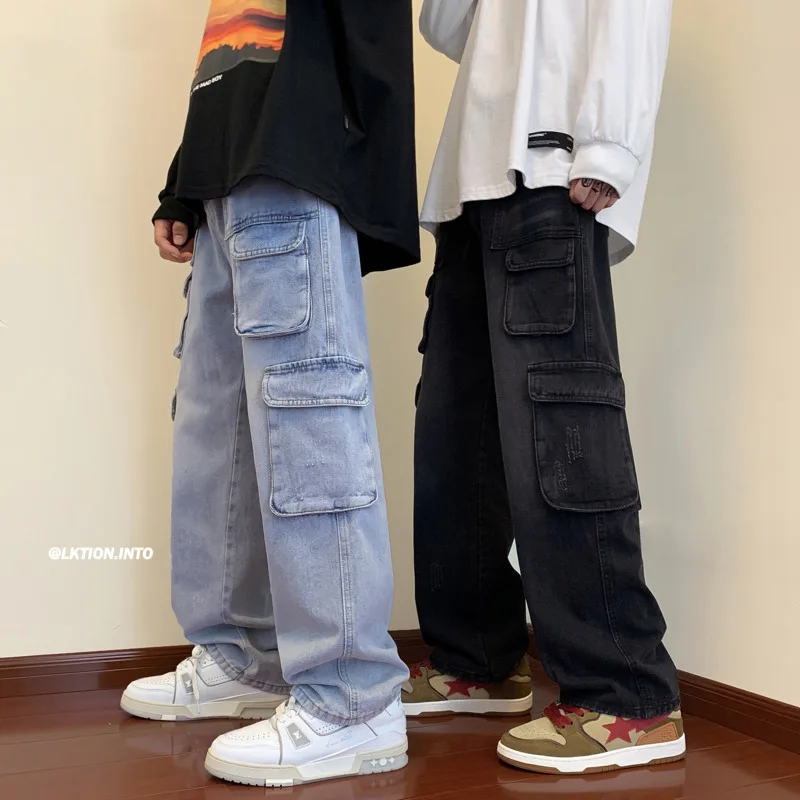 Blue Black Baggy Jeans Men Fashion Retro Pocket Cargo Jeans Men Streetwear Hip Hop Loose Straight Denim Pants Mens Trousers