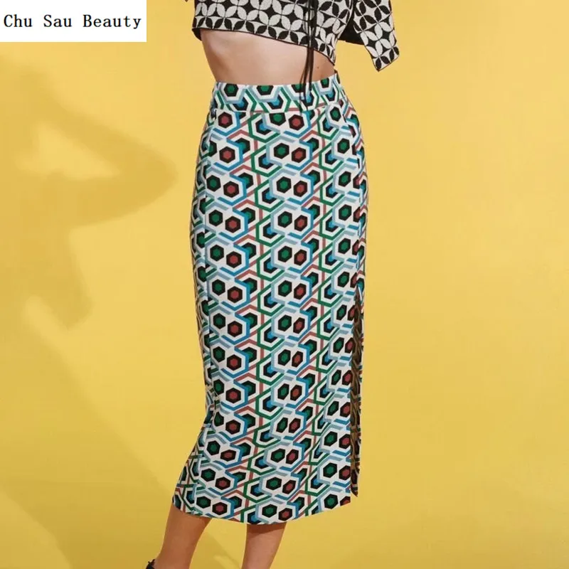 

Chu Sau Beauty 2022 ZA New Women High Waist Retro Geometric Print Midi Skirt Summer Fashion Versatile Front Slit Straight Skirts