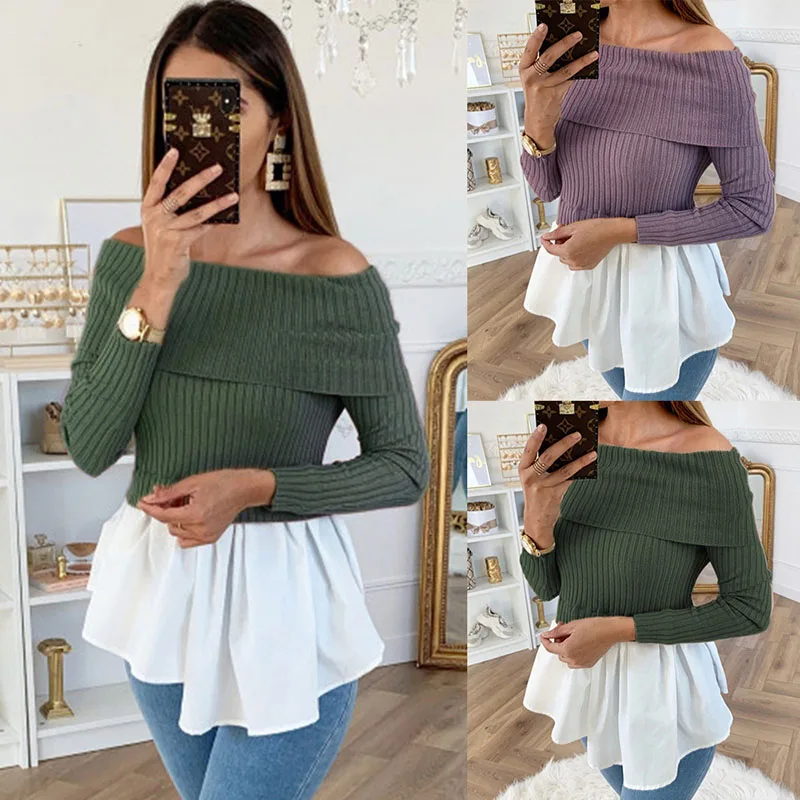 

2022 Sexy Slash Neck Off Shouder Women's T Shirts Tops Fashion Casual Solid Long Sleeve Ruffle Patchwork Ladies T Shirts