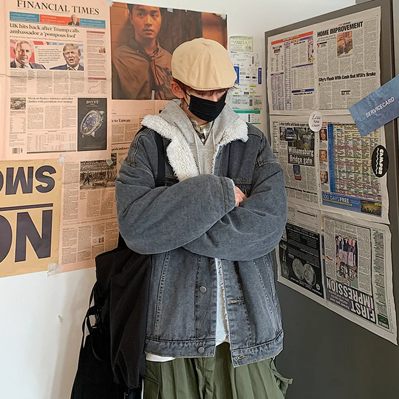 Autumn and Winter Cotton-padded Men's Korean Version of Loose Denim Lamb Velvet Cotton-padded Jacket Ins Plus Velvet Warm Jacket