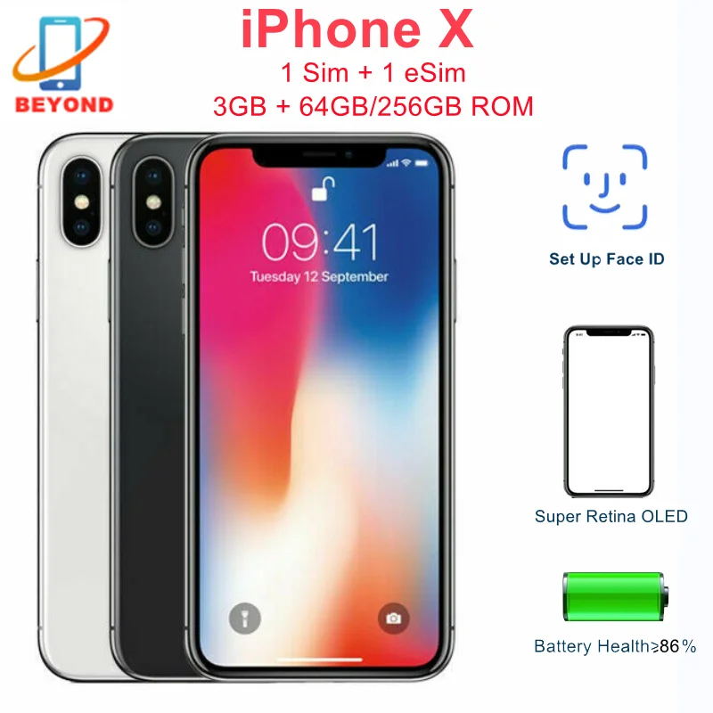 

Apple iPhone X, 64 ГБ, 256 Гб ПЗУ, оригинальный, экран 5,8 дюйма, Super Retina OLED, Face ID, 3 Гб ОЗУ, A11 Bionic, 4G, IOS, LTE, разблокированный сотовый телефон