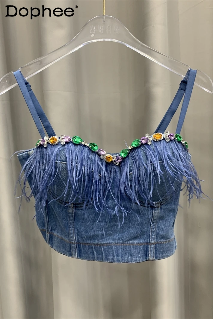 

Цветная джинсовая майка со стразами и бахромой, женская летняя Новая Привлекательная верхняя одежда, джинсовый жилет, укороченный топ