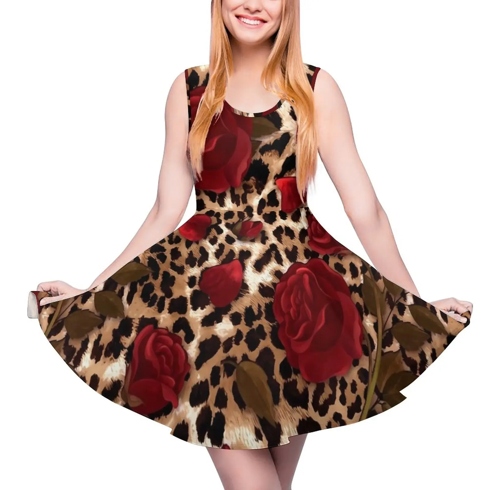 

Floral Leopard Print Dress Red Roses Modern Dresses Sleeveless Street Style Skate Dress Women Custom Vestido Birthday Present