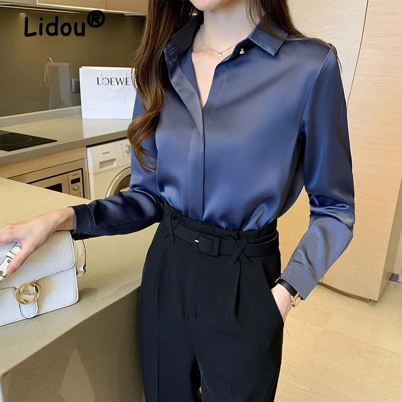 

Professional Loose Solid Satin Blouse Spring Summer Elegant Shirt Long Sleeve Turn Down Collar Shirt for Female Casual Clothing