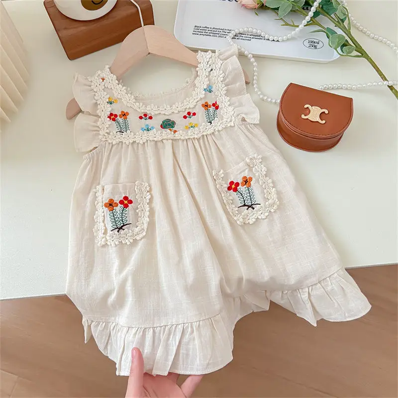 

Mori Sweet Girls Clothes Lace Splicing Ruffles Summer Foreign Flavour Embroidery Pockets Beige Flying Sleeve Vest Dresses Kids
