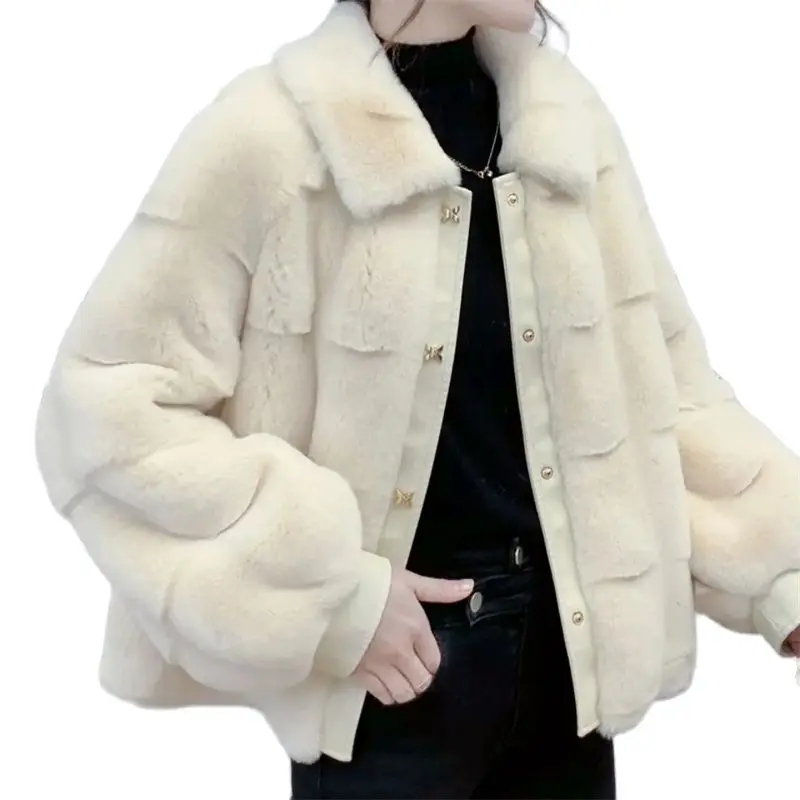 

Korean Danish Mink Short Coat All-Match Women's Faux Fur Jacket High-End Fashion Mother's Clothes Splicing Wool Jacket Black