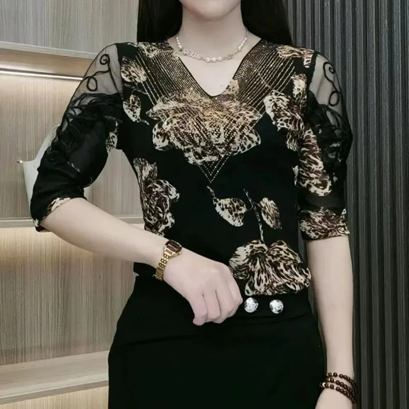 Женская винтажная Сетчатая футболка с V-образным вырезом и рукавом 3/4