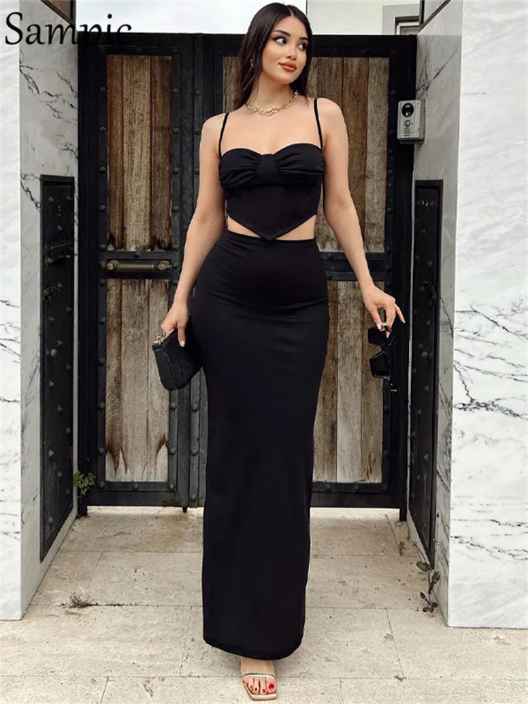 

Sampic Elegant Women Party Skirt Two Piece Set Camis Backless Crop Top And Maxi Bodycon Skirt Suit Summer Sexy Club Outfits