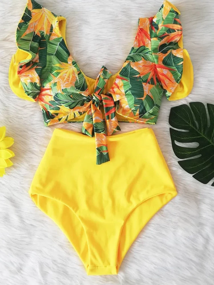 

Floral Ruffled Hem Bikini Set Women Flora V-Neck High-Waisted Two Piece Swimsuit 2023 Girl Beach Bathing Suit Swimwear Biquinis