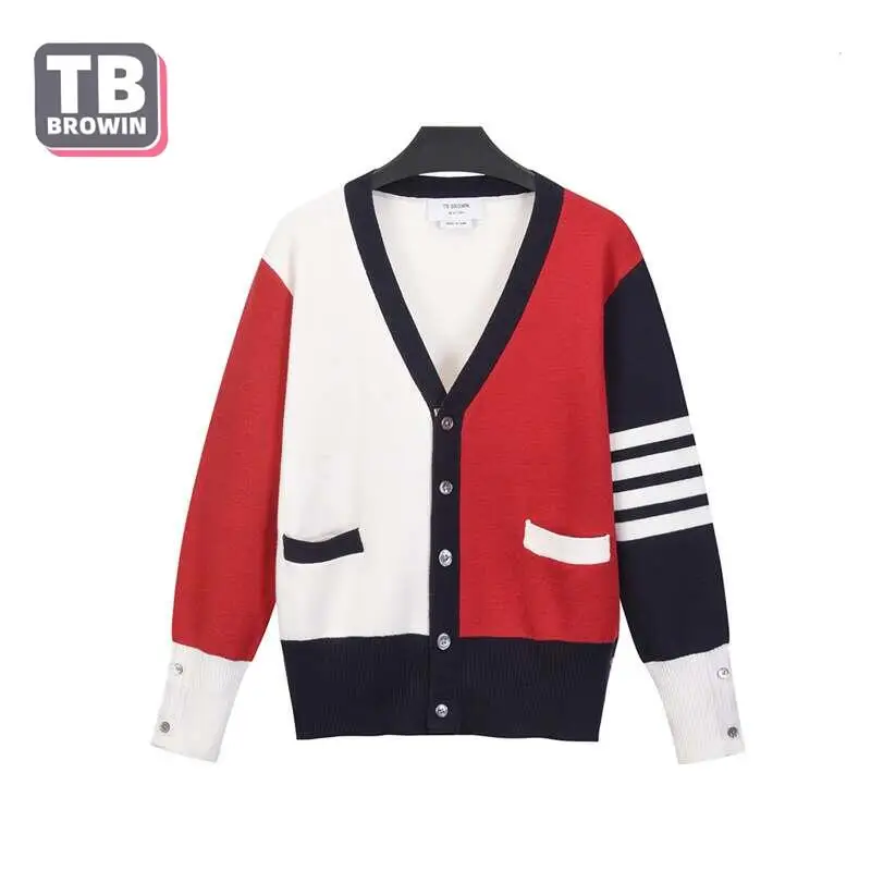 TB BROWIN thom men's cardigan sweater V neck autumn Contrasting color four-bar wool stripes Korean casual knitted bottoming coat