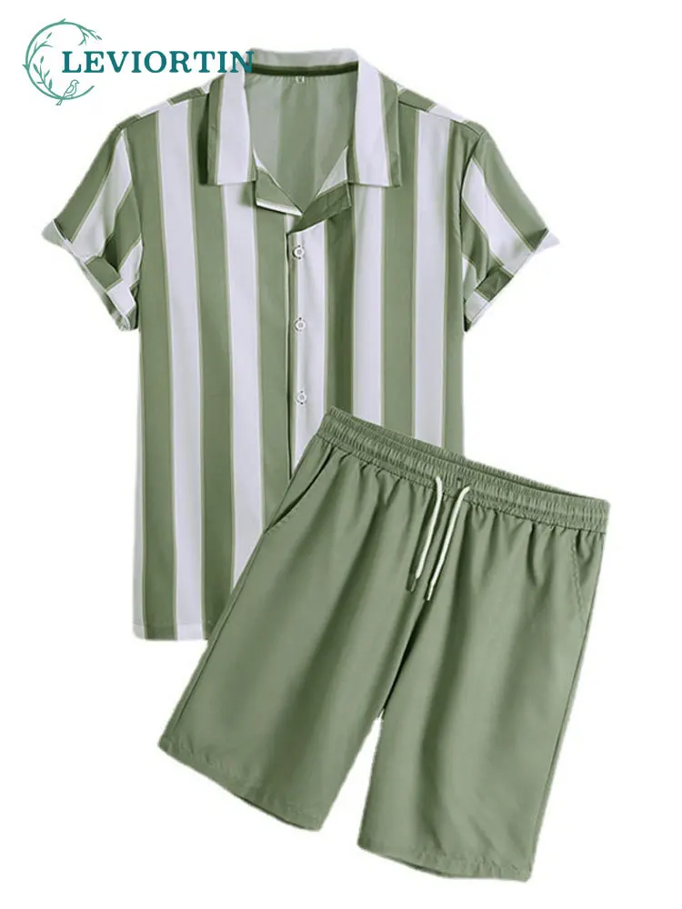 

2022 Men Shirt and Pants Thin & Breathable Summer Outfits Sets Green White Striped Outfit Holiday Short Sleeve Two Pieces
