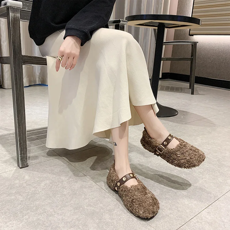 Women's Plush Shoes, Women's Outer Wear, New Autumn and Winter Plus Velvet Cotton Shoes, Mary Jane Flat-bottomed Slip-on Shoes