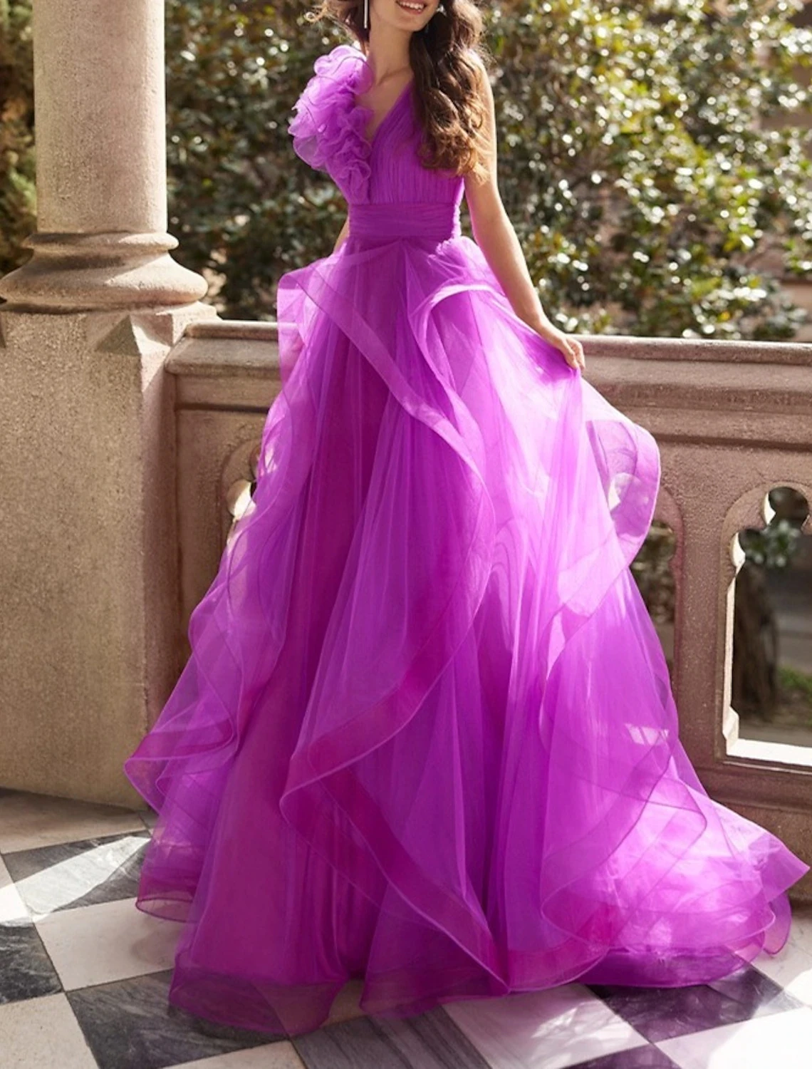 

Женское вечернее платье-трапеция из тюля, фиолетовое платье без рукавов с V-образным вырезом и оборками для выпускного вечера, 2023
