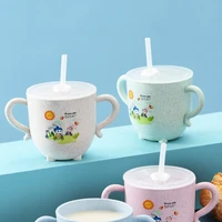 cartoon baby wheat straw feeding cups baby learning sippy cups for toddlers with handle and cover household milk cup leakproof